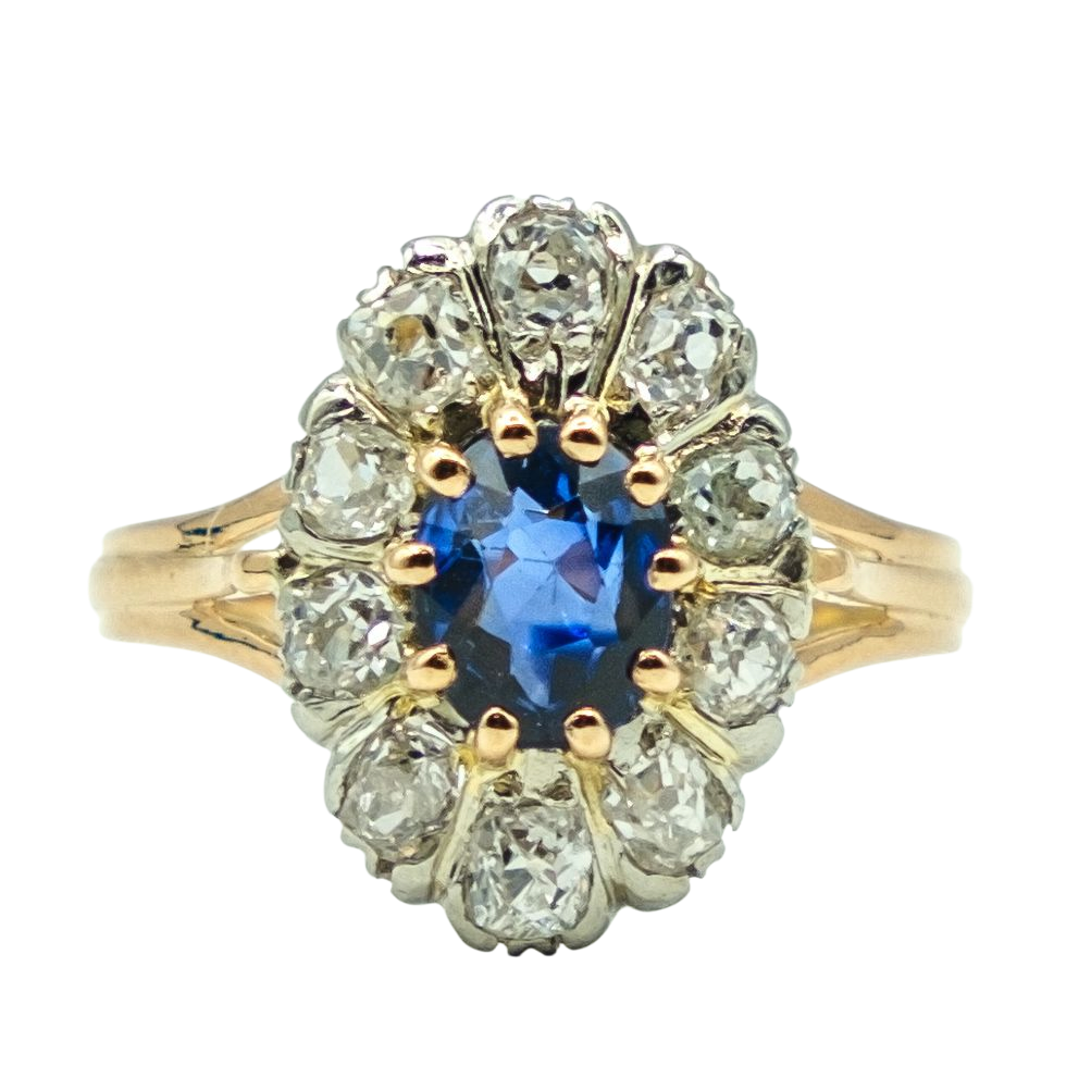 BAGUE EN OR JAUNE AVEC SAPHIR CENTRAL ET DIAMANTS