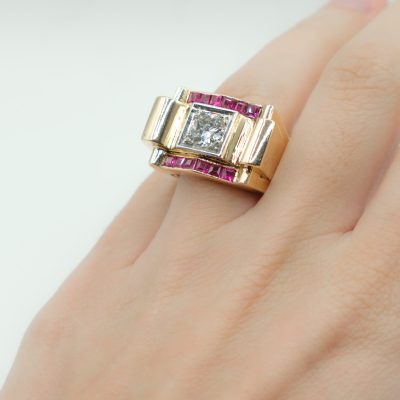BAGUE TANK EN OR JAUNE DIAMANT ET RUBIS – Image 5