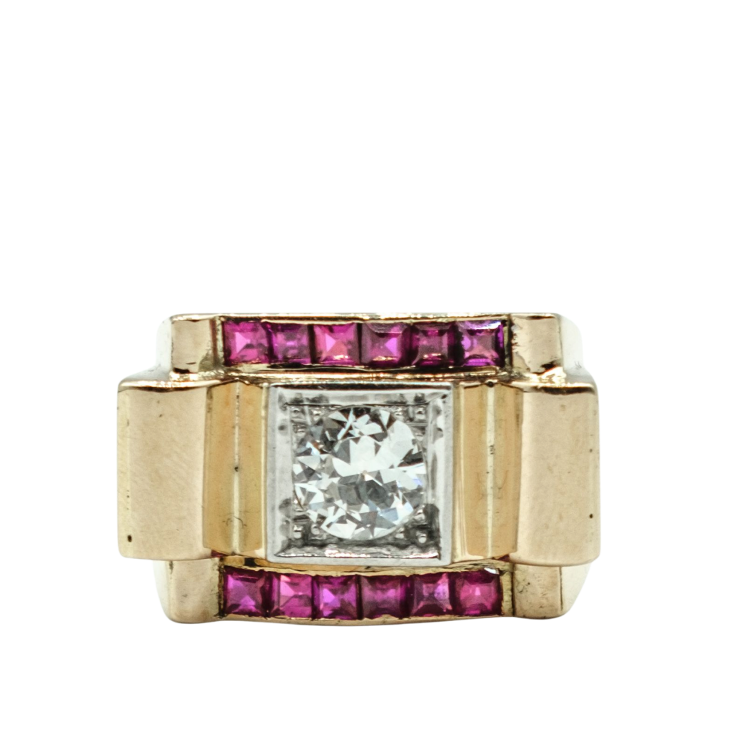 BAGUE TANK EN OR JAUNE DIAMANT ET RUBIS