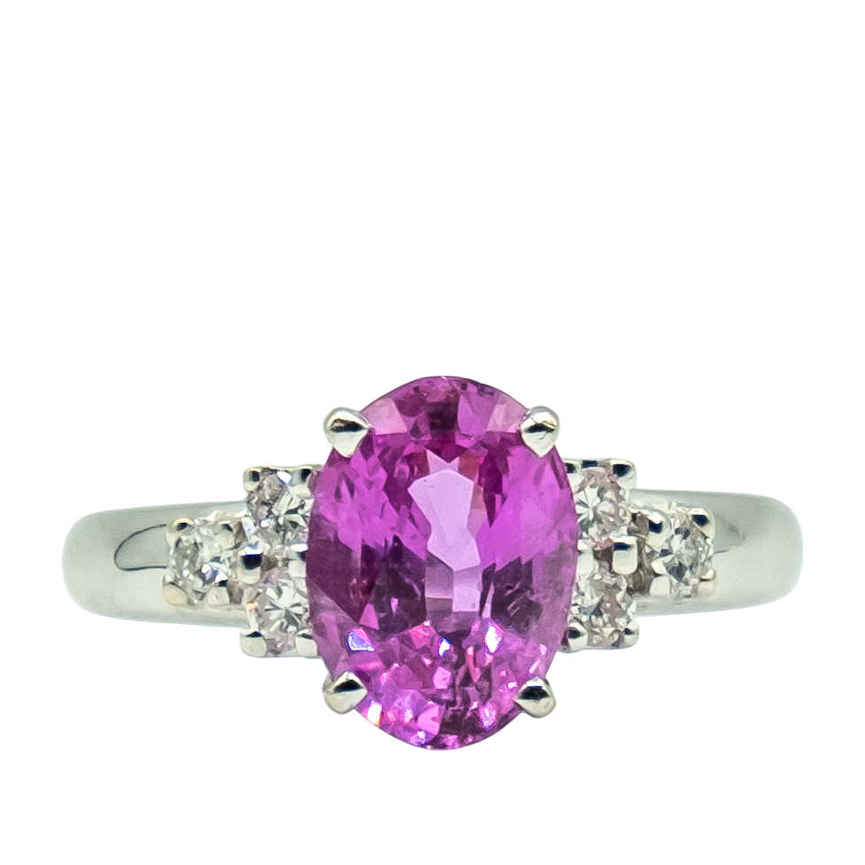 BAGUE EN OR GRIS AVEC SAPHIR ROSE ET DIAMANTS