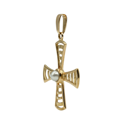PENDENTIF CROIX EN OR JAUNE ET PERLE – Image 2