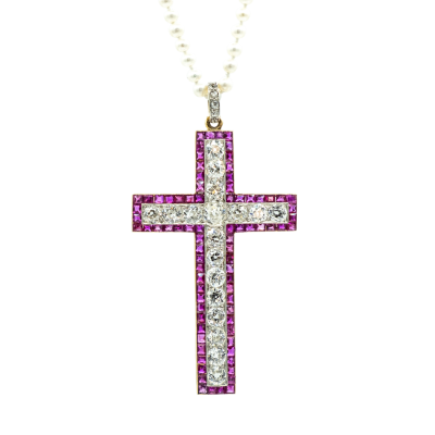 PENDENTIF CROIX EN OR RUBIS ET DIAMANTS – Image 2