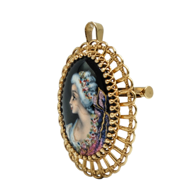 BROCHE PENDENTIF EN OR JAUNE AVEC PORTRAIT ÉMAILLÉ – Image 2
