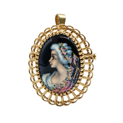 BROCHE PENDENTIF EN OR JAUNE AVEC PORTRAIT ÉMAILLÉ – Image 4