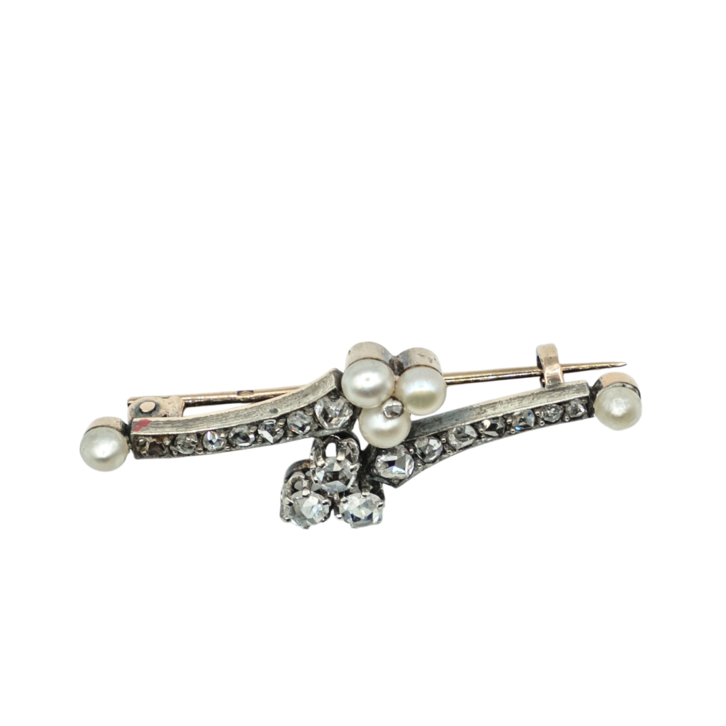 BROCHE ANCIENNE EN OR ARGENT AVEC DIAMANTS ET PERLES