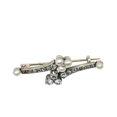 BROCHE ANCIENNE EN OR ARGENT AVEC DIAMANTS ET PERLES