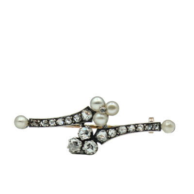 BROCHE ANCIENNE EN OR ARGENT AVEC DIAMANTS ET PERLES – Image 3