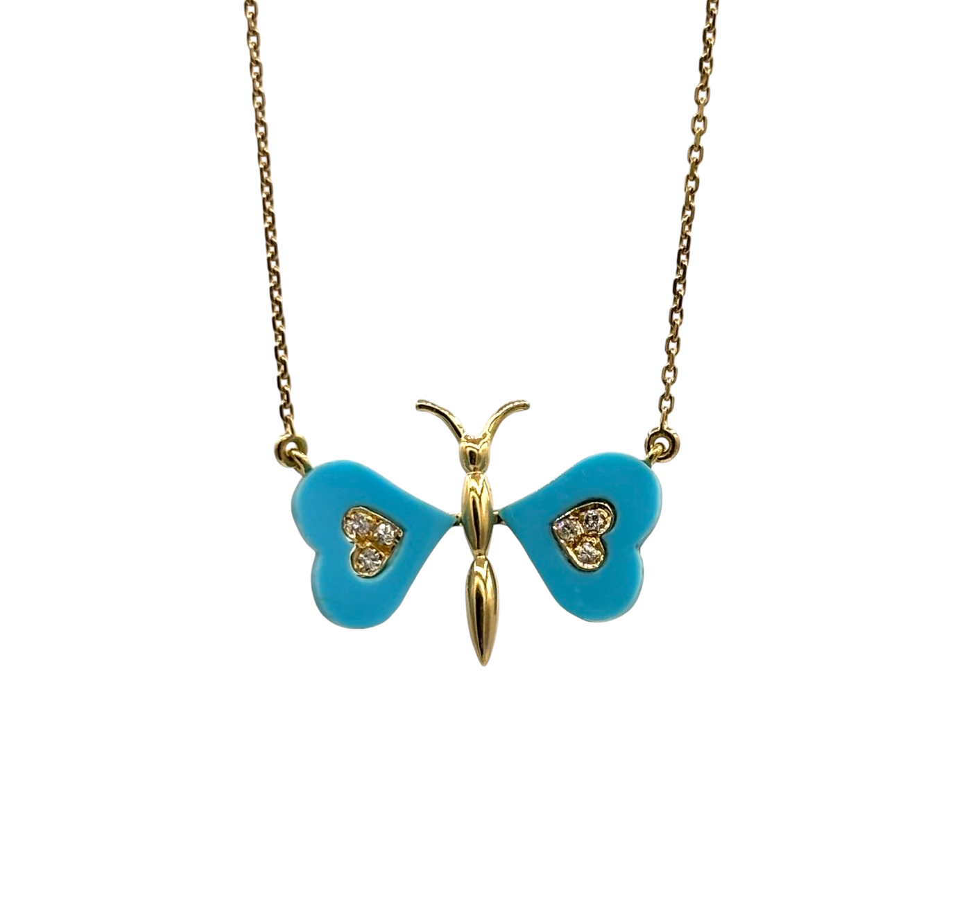 COLLIER EN OR JAUNE AVEC PENDENTIF PAPILLON DIAMANTS ET TURQUOISES