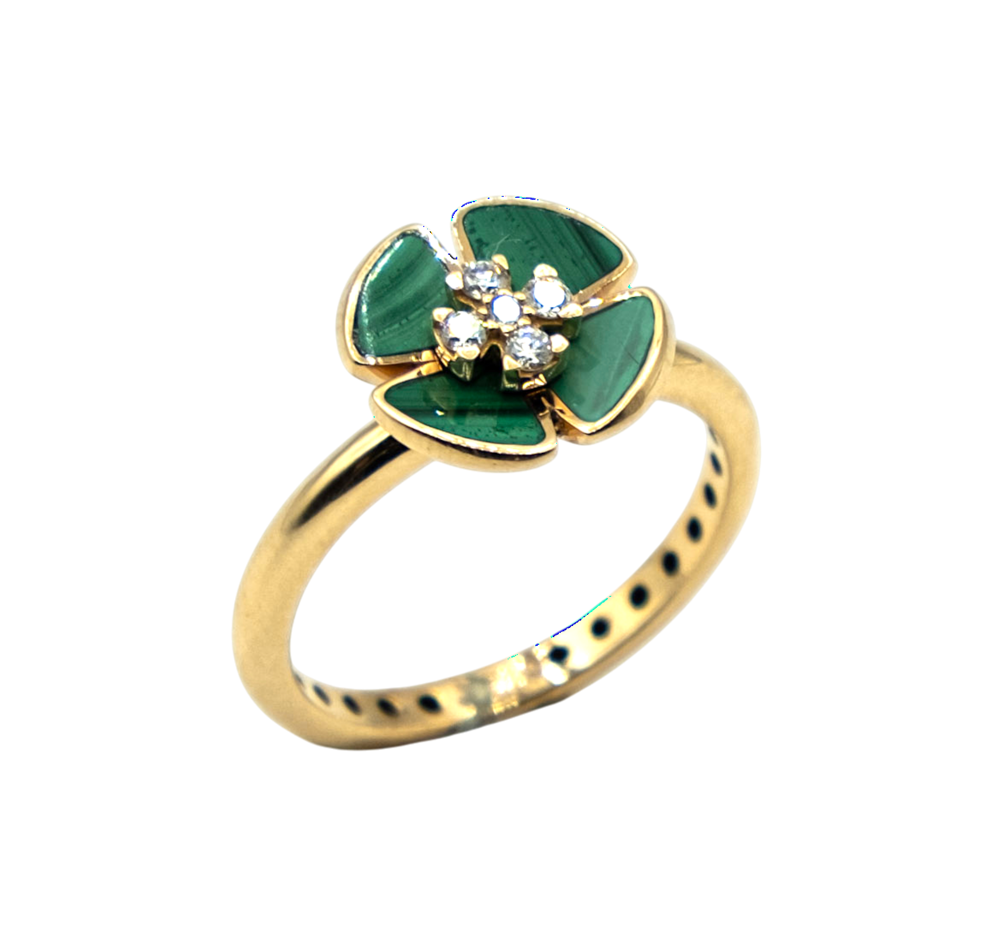 BAGUE FLEUR OR ROSE MALACHITE DIAMANTS