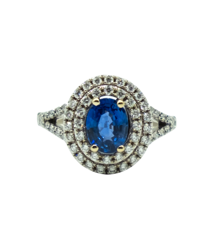 BAGUE ENTOURAGE AVEC SAPHIR CENTRAL ET DIAMANTS
