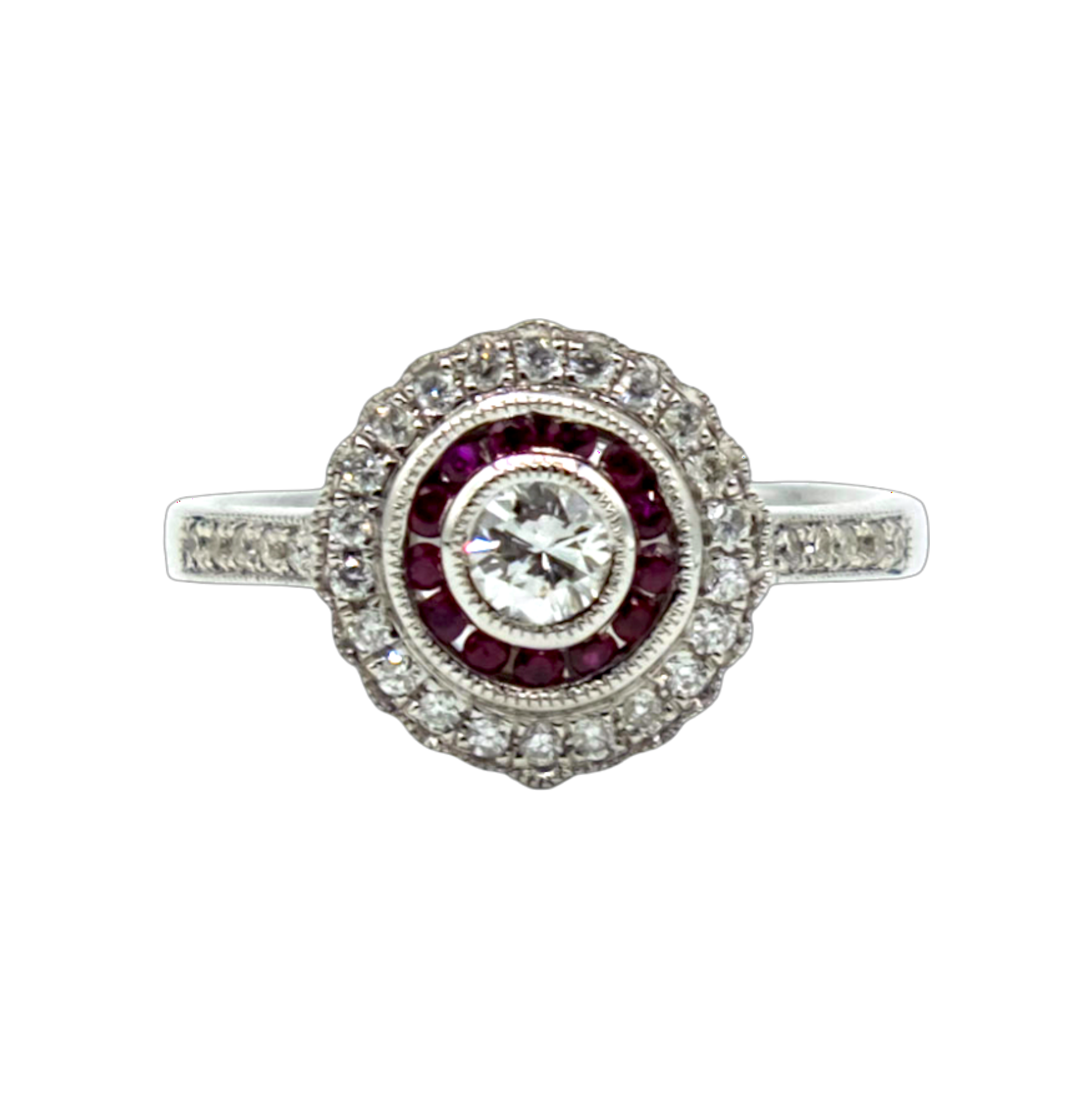 BAGUE ENTOURAGE EN OR GRIS AVEC DIAMANT CENTRAL ET RUBIS