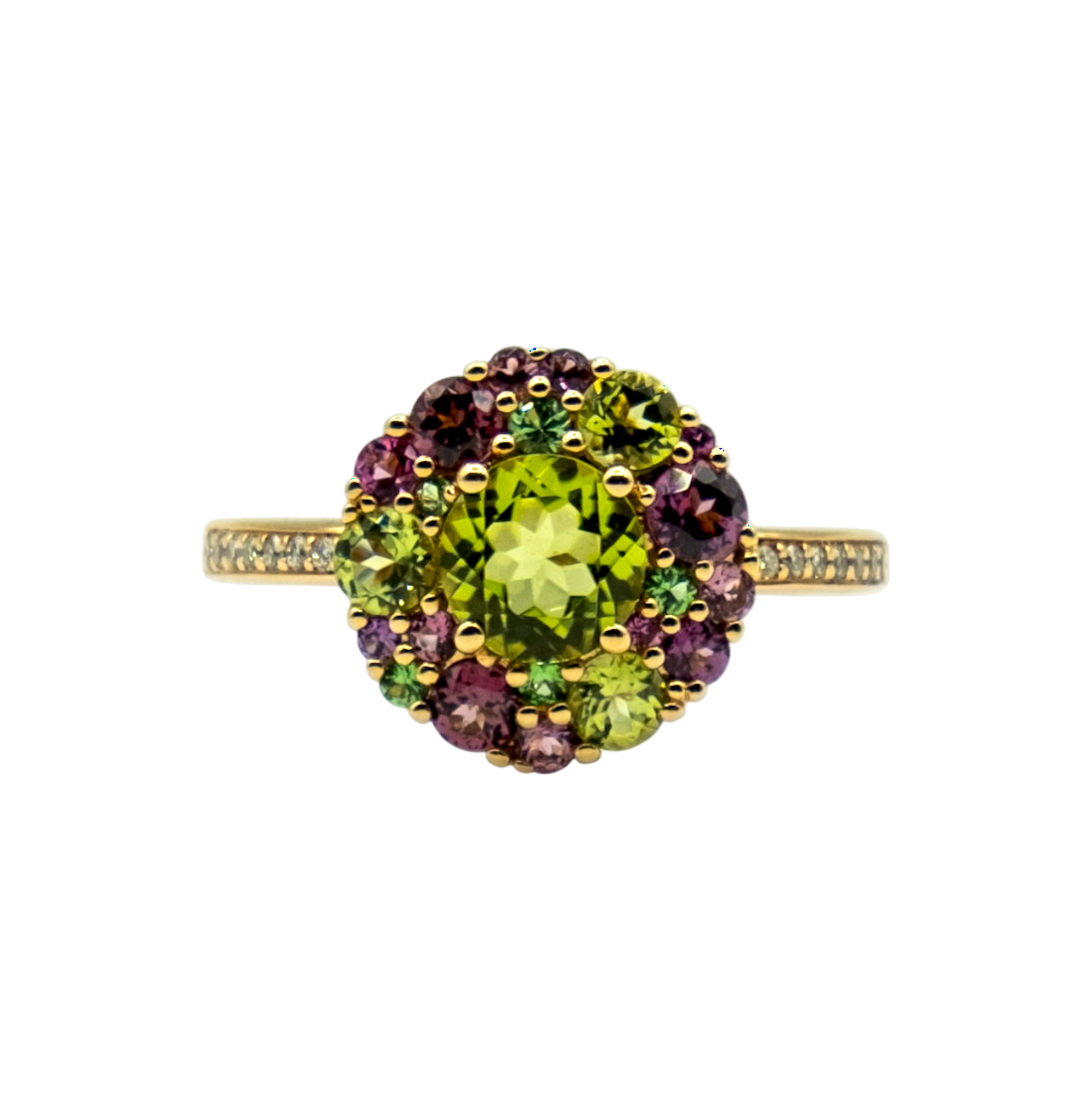 BAGUE OR ROSE PIERRES FINES VERT ET ROSE DIAMANTS