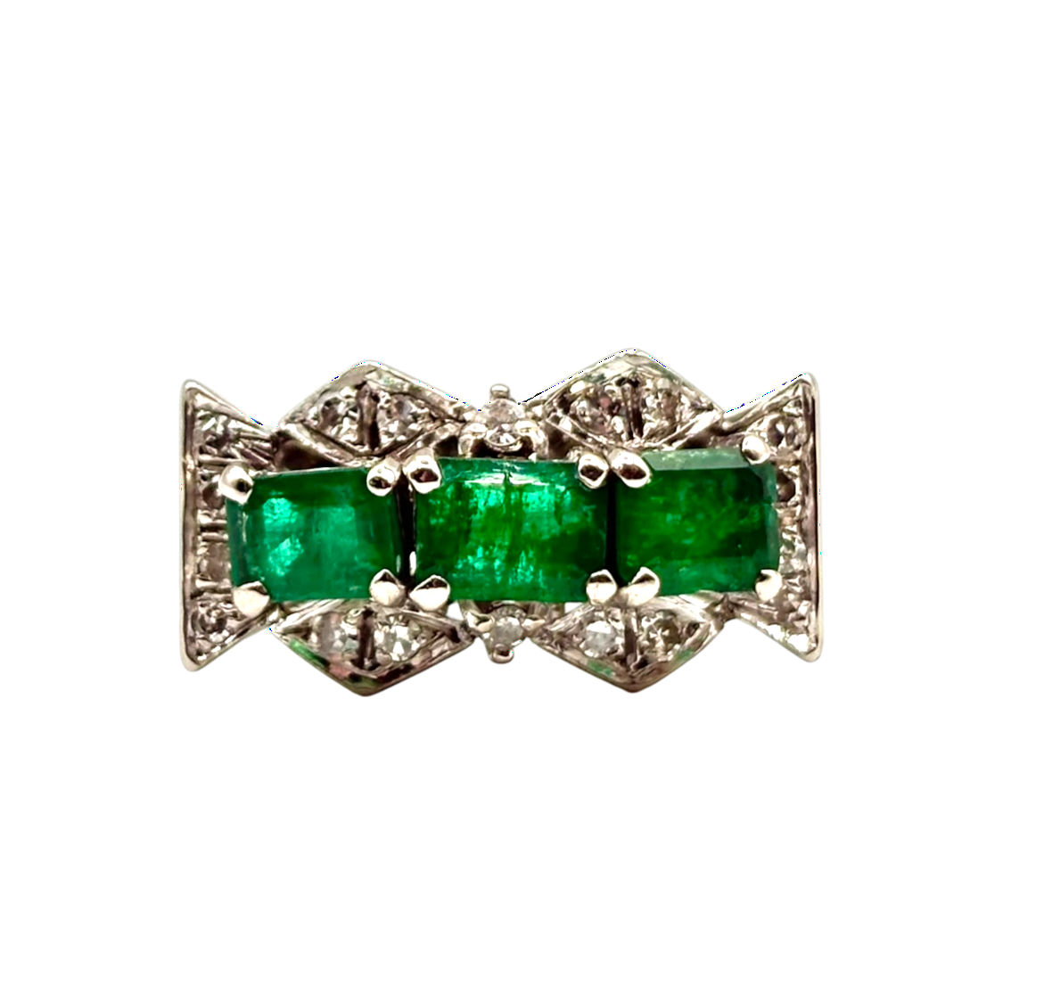 BAGUE ANCIENNE 3 ÉMERAUDES ET DIAMANTS