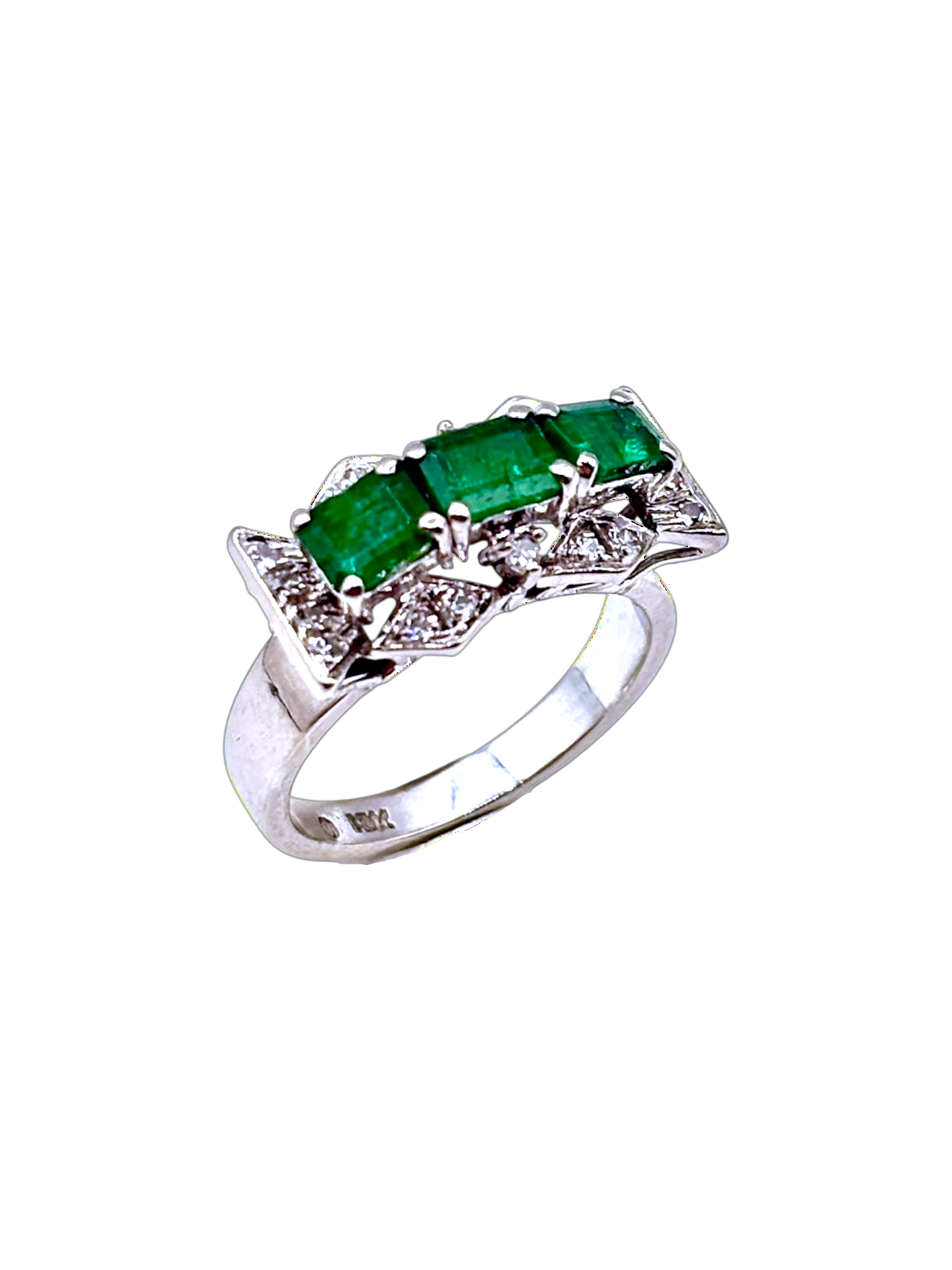 BAGUE ANCIENNE 3 ÉMERAUDES ET DIAMANTS – Image 3