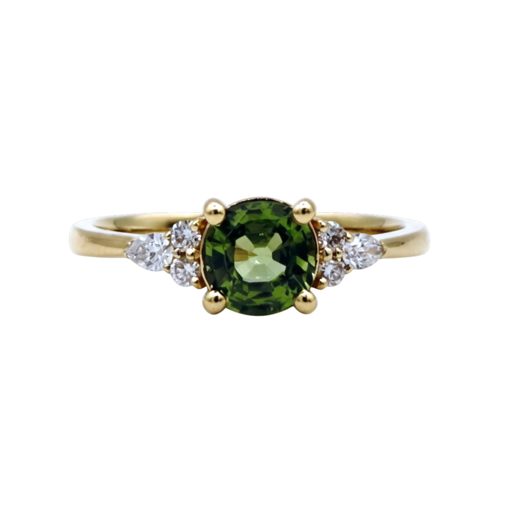 BAGUE EN OR JAUNE SAPHIR VERT ET DIAMANTS