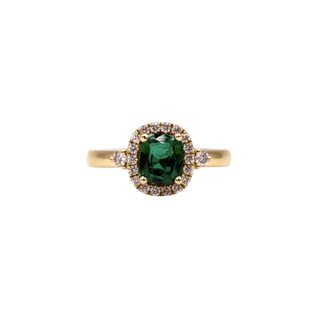 BAGUE ENTOURAGE EN OR JAUNE ÉMERAUDE ET LIGNE DE DIAMANTS
