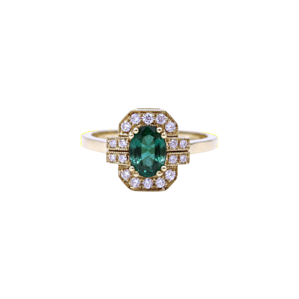 BAGUE ENTOURAGE EN OR JAUNE EMERAUDE ET DIAMANTS