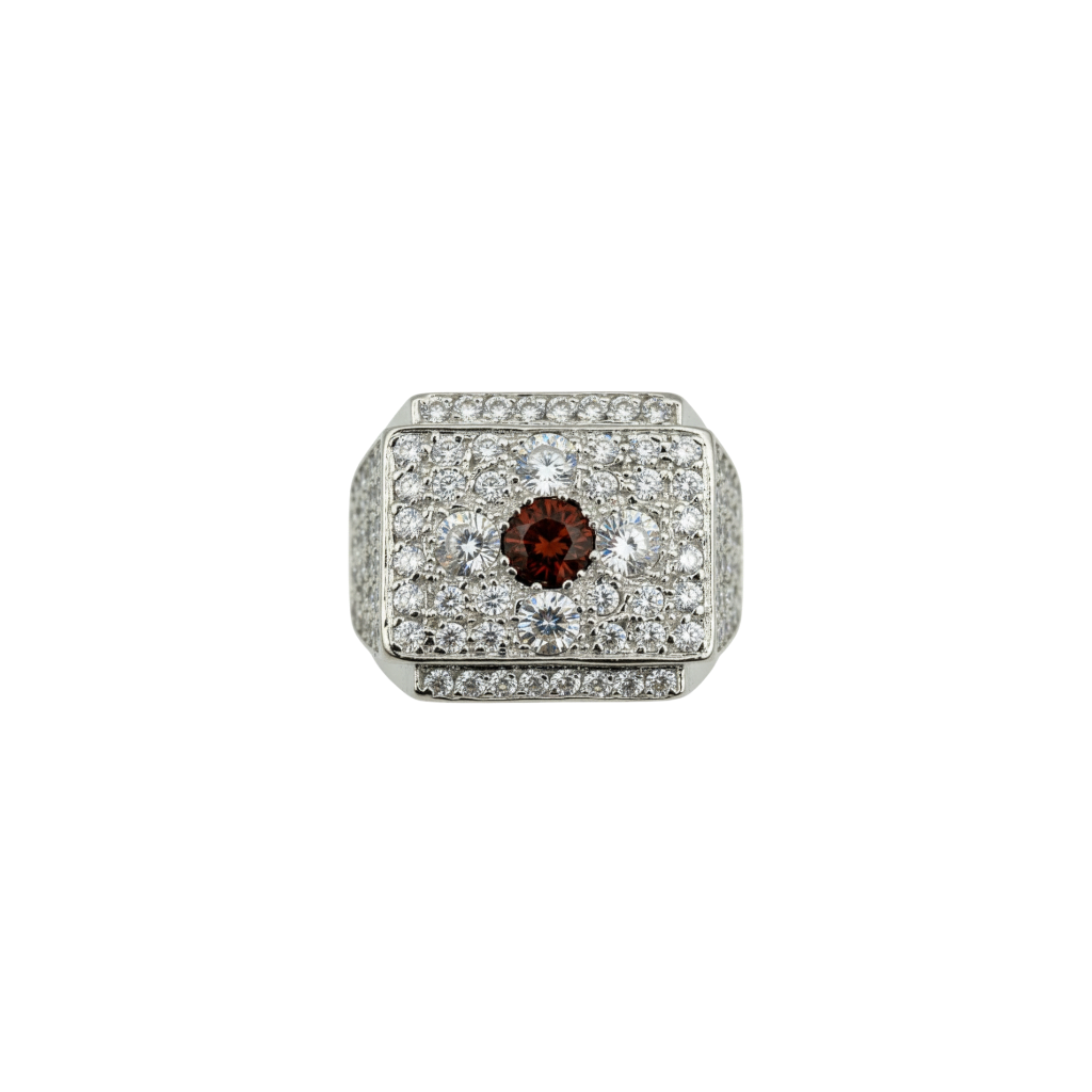 BAGUE CHEVALIERE OR GRIS ET ZIRCON ROUGE