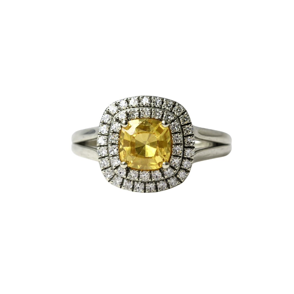 BAGUE EN OR BLANC SAPHIR JAUNE ET DIAMANTS
