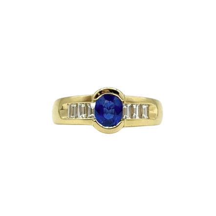 BAGUE EN OR JAUNE SAPHIR BLEU ET DIAMANTS BAGUETTES