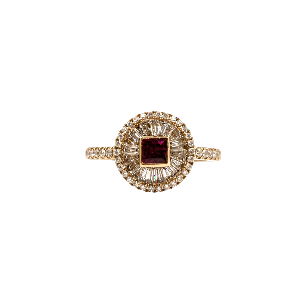 BAGUE EN OR ROSE RUBIS ET DIAMANTS BAGUETTES