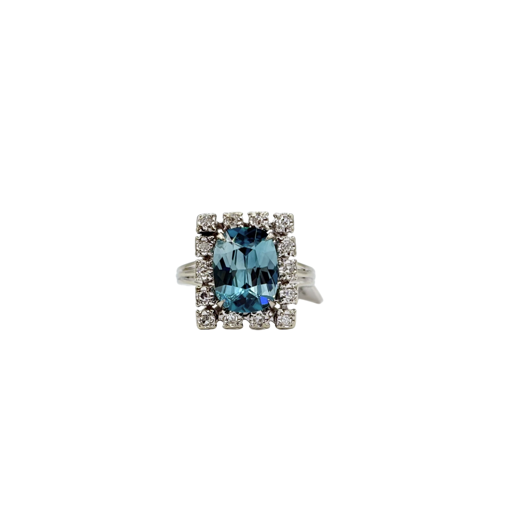 BAGUE ANCIENNE EN OR GRIS ZIRCON ET DIAMANTS