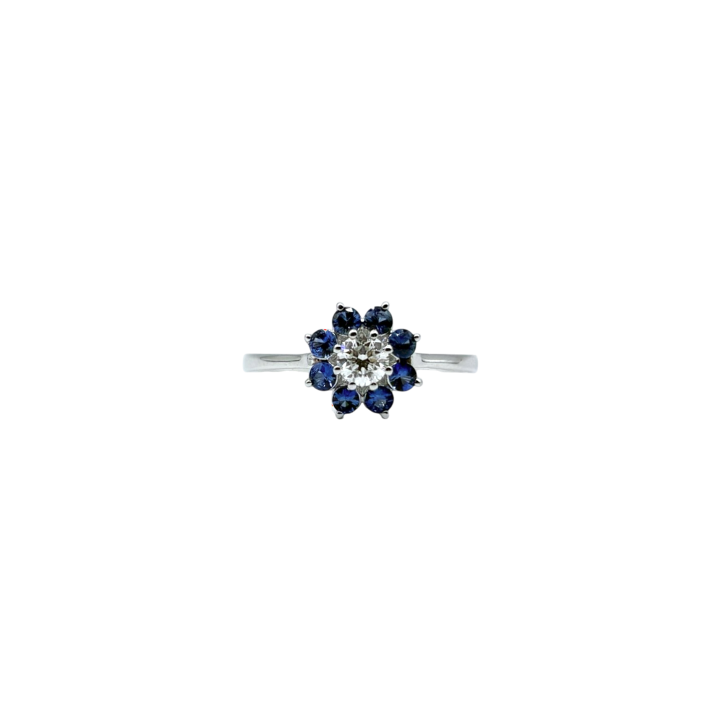 BAGUE ENTOURAGE FLEUR OR GRIS DIAMANT ET SAPHIRS