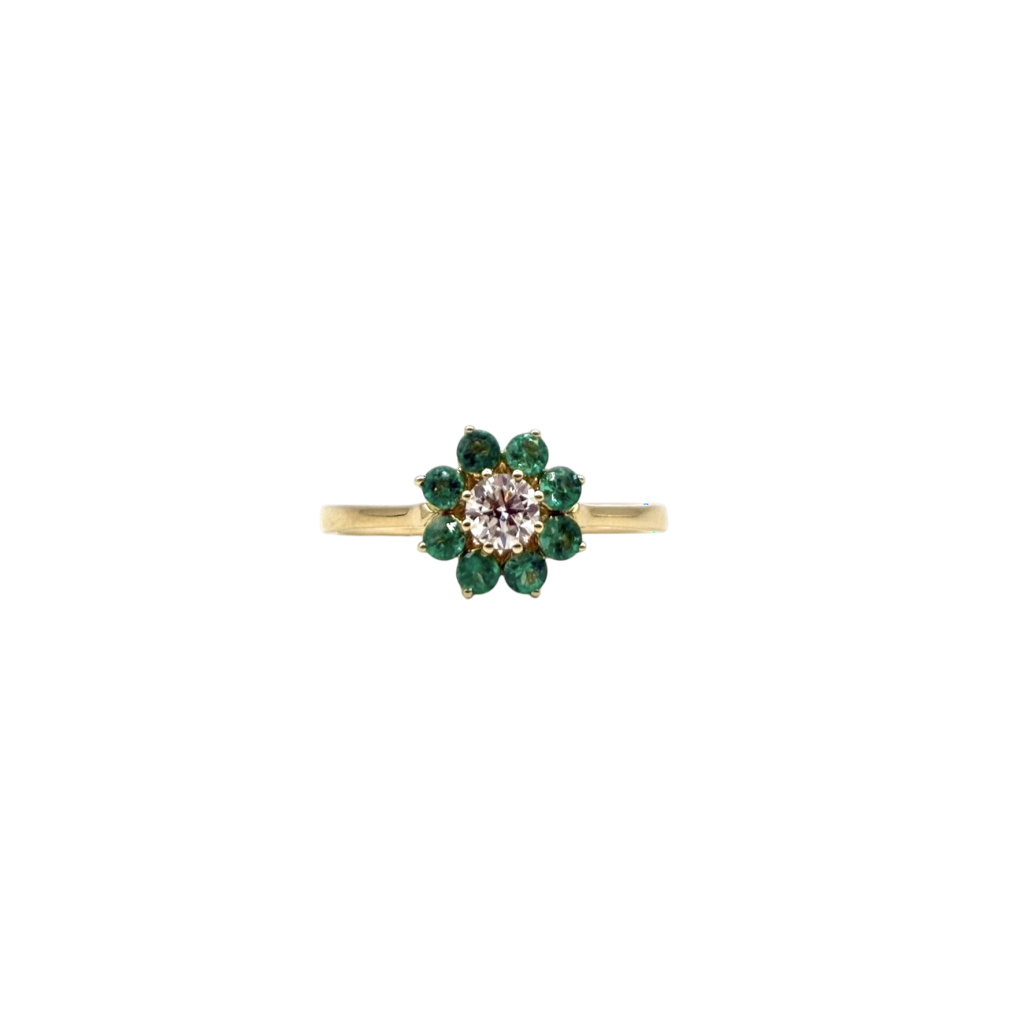 BAGUE ENTOURAGE FLEUR OR JAUNE DIAMANT ET ÉMERAUDES