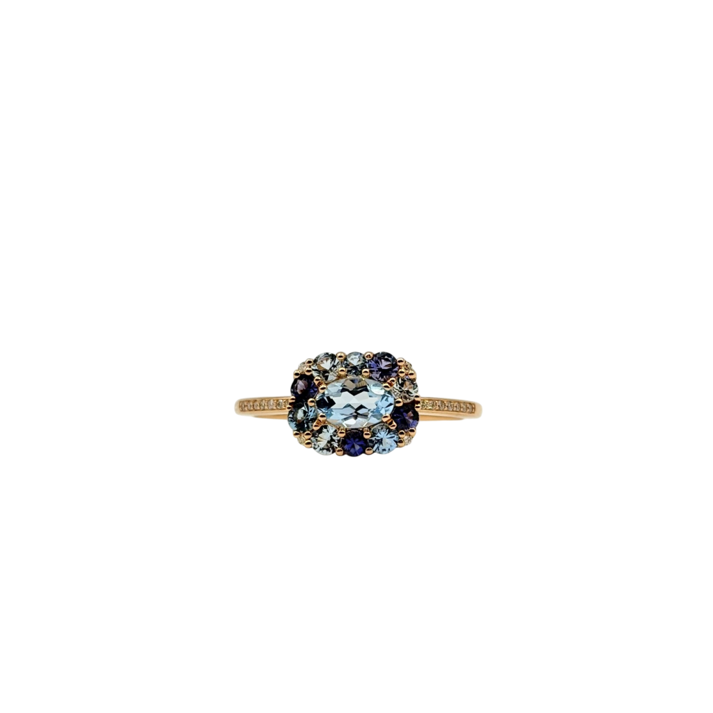 BAGUE EN OR ROSE 18KT TOPAZE BLEUE ET IOLITE