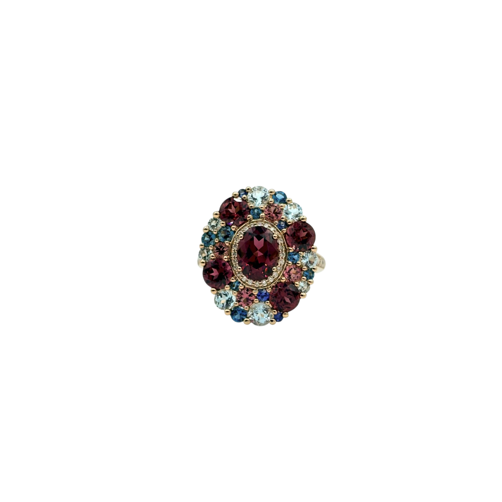 BAGUE ENTOURAGE OR ROSE SAPHIRS ET PIERRE FINES : RHODOLITE, TOPAZE BLEUE, TOURMALINE ROSE