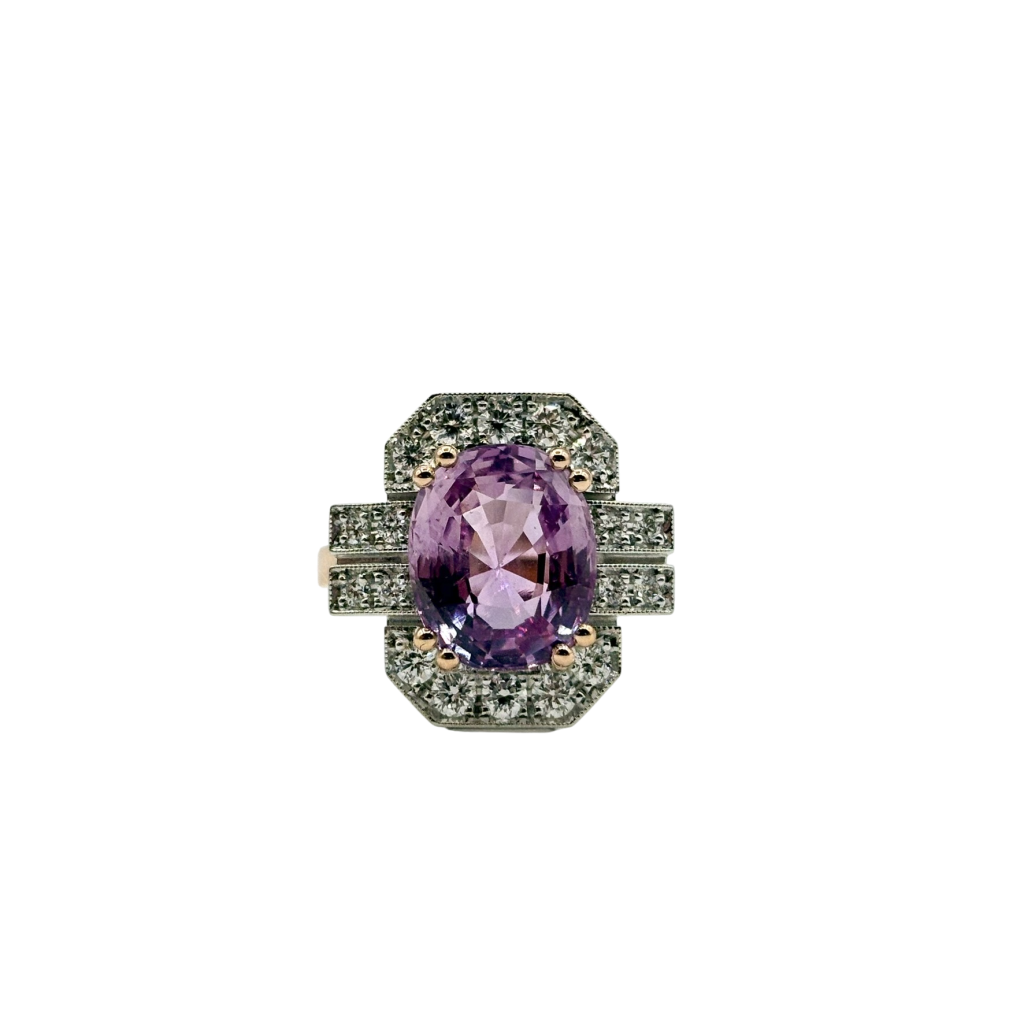 BAGUE NEUVE INSPIRATION ART DÉCO EN OR ROSE ET BLANC SAPHIR ROSE CENTRAL ET DIAMANTS NATURELS