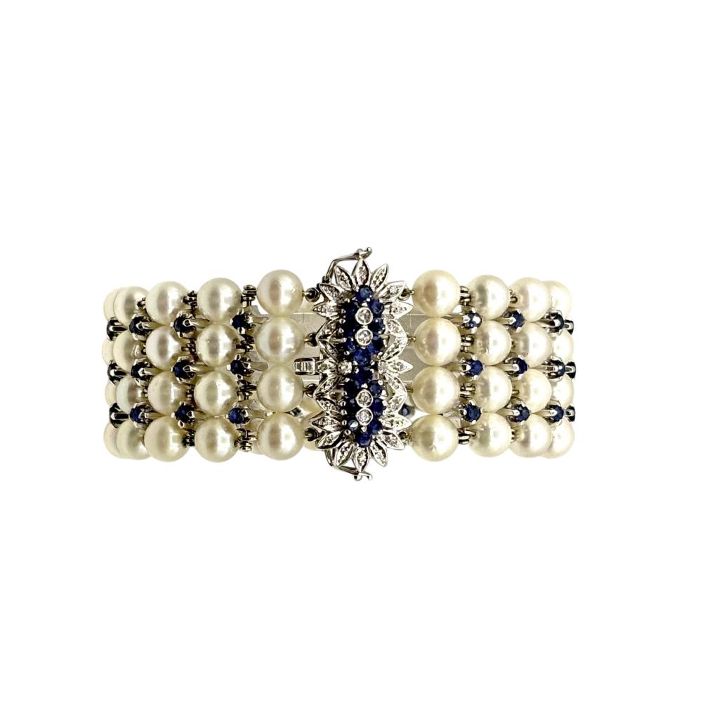BRACELET OR BLANC PERLES ET SAPHIRS