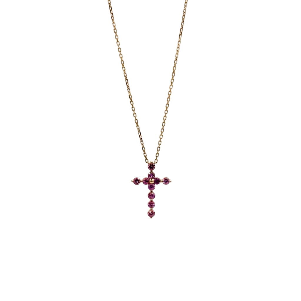 COLLIER EN OR ROSE ET CROIX SAPHIRS ROSE