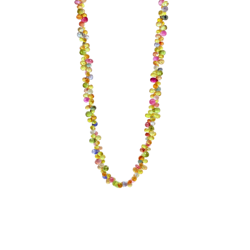 COLLIER EN OR JAUNE SAPHIRS NATURELS MULTICOLORES TAILLE BRIOLETTE
