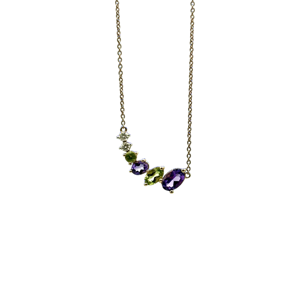 COLLIER AMETHYSTES ET PERIDOTS OR ROSE