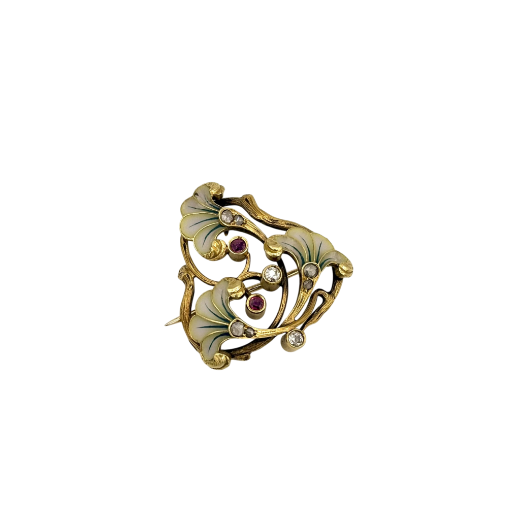 BROCHE ANCIENNE ART NOUVEAU RUBIS ET DIAMANTS NATURELS