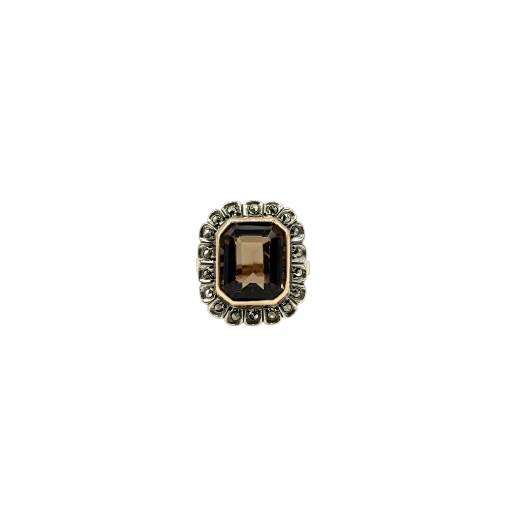 BAGUE ENTOURAGE ANCIENNE EN OR ROSE ET ARGENT QUARTZ FUMÉ