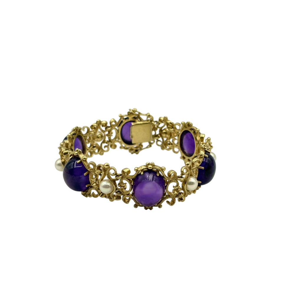 BRACELET OR JAUNE AMÉTHYSTES CABOCHONS ET PERLES DE CULTURES